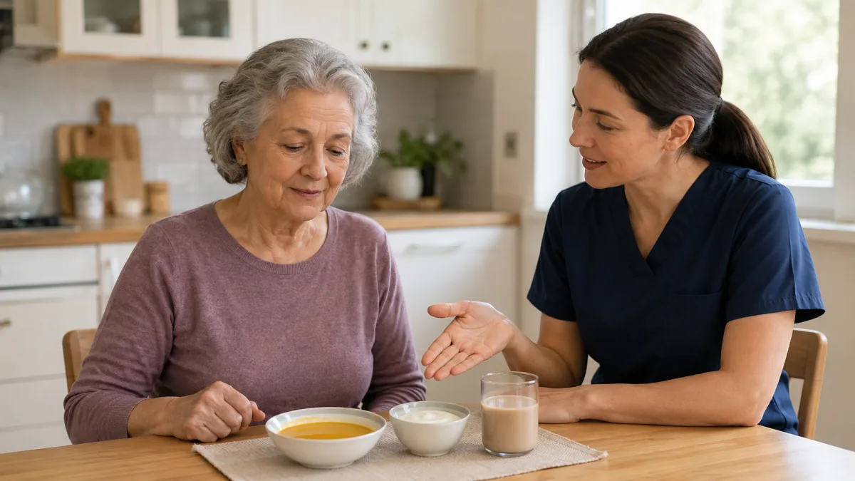 Pessoa idosa e profissional observando alimentos em diferentes temperaturas para alimentação segura