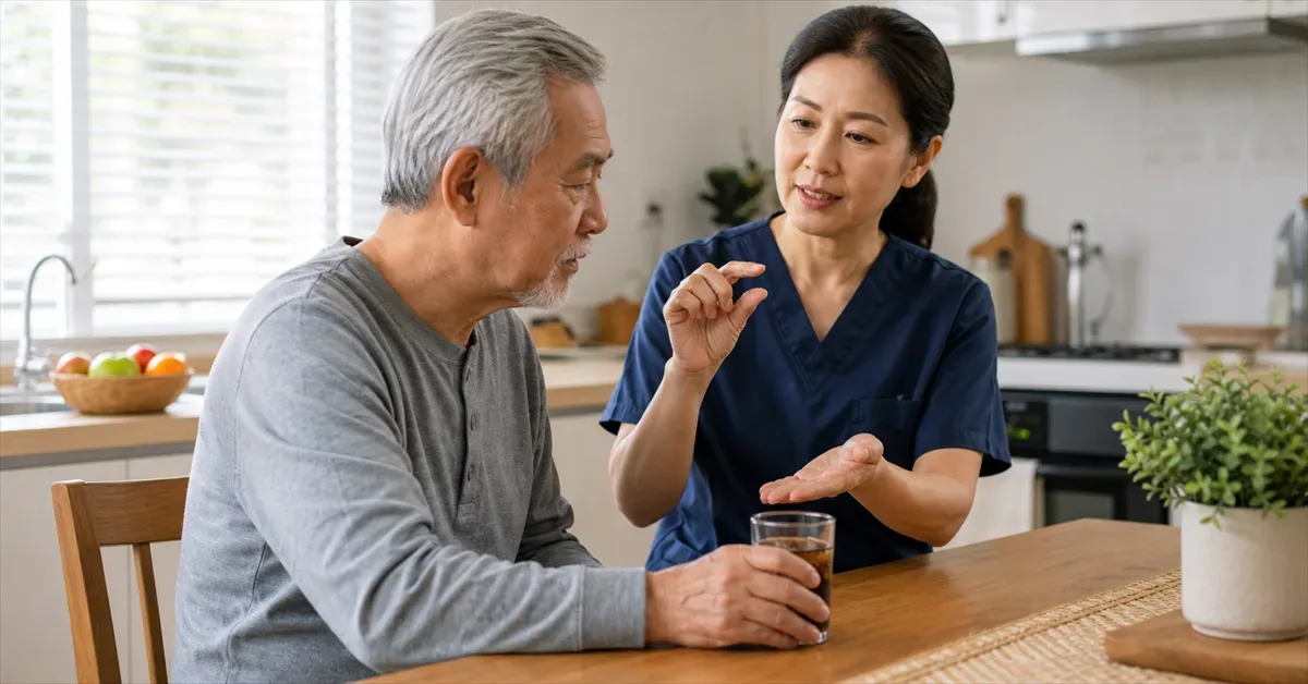 Caregiver guiding an older adult about soda and choking risk in dysphagia